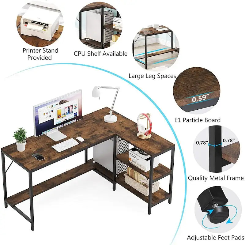 Bureau d'angle en L avec étagères de rangement pour bureau à domicile