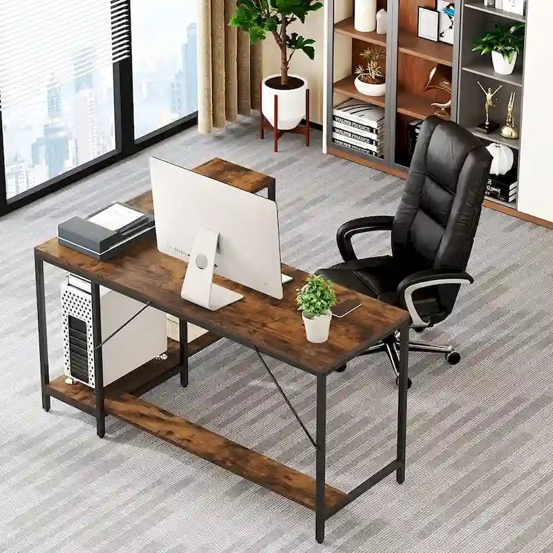 Bureau d'angle en L avec étagères de rangement pour bureau à domicile