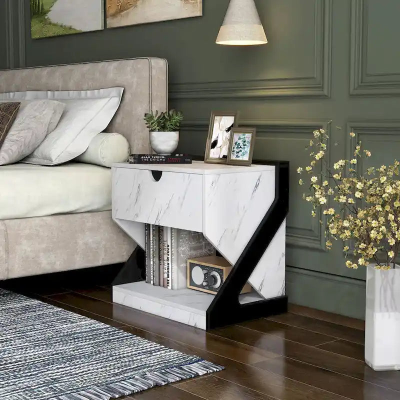 DH BASIC Modern White Faux Marble 1-Drawer Nightstand Side Table by Denhour