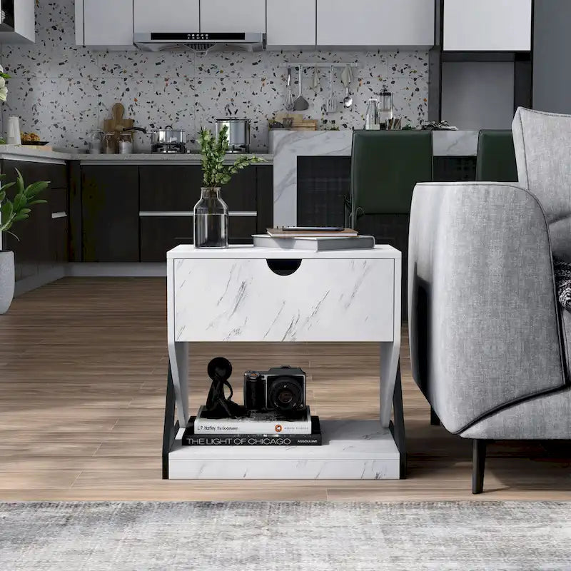 Table de chevet à 1 tiroir en faux marbre blanc moderne DH BASIC par Denhour