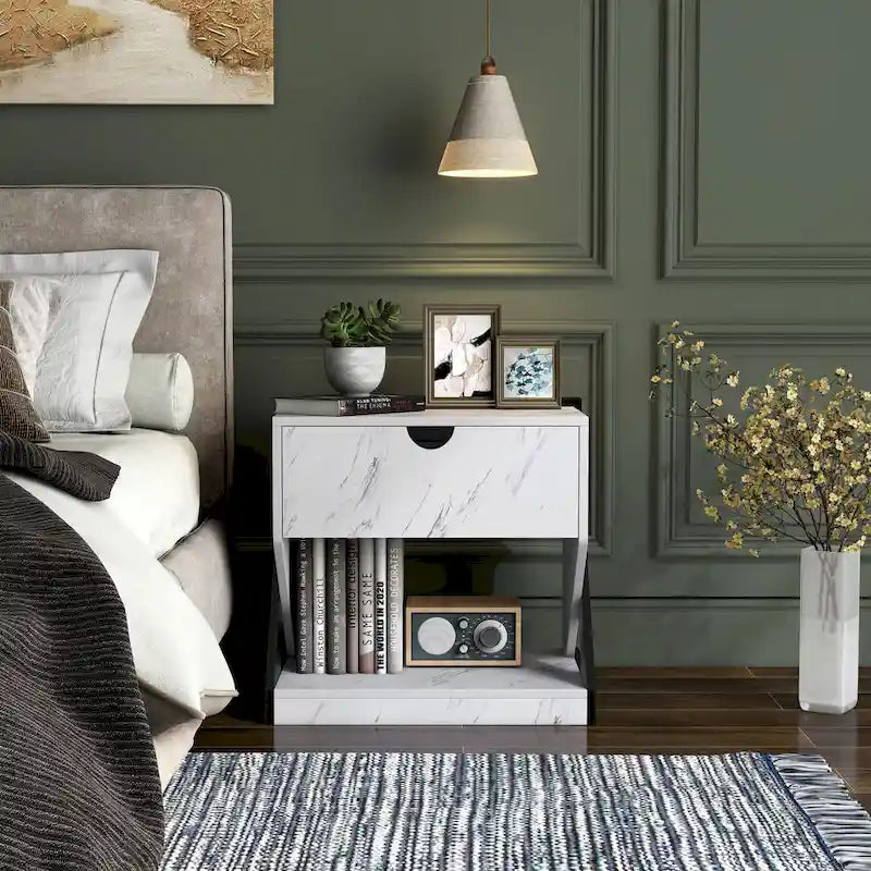 Table de chevet à 1 tiroir en faux marbre blanc moderne DH BASIC par Denhour