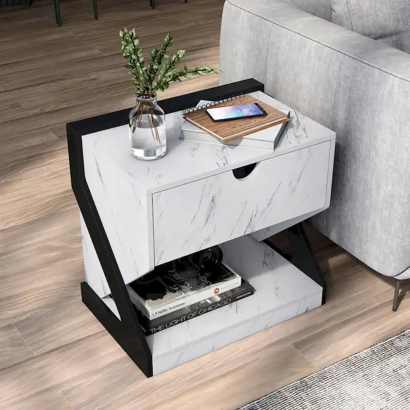 Table de chevet à 1 tiroir en faux marbre blanc moderne DH BASIC par Denhour