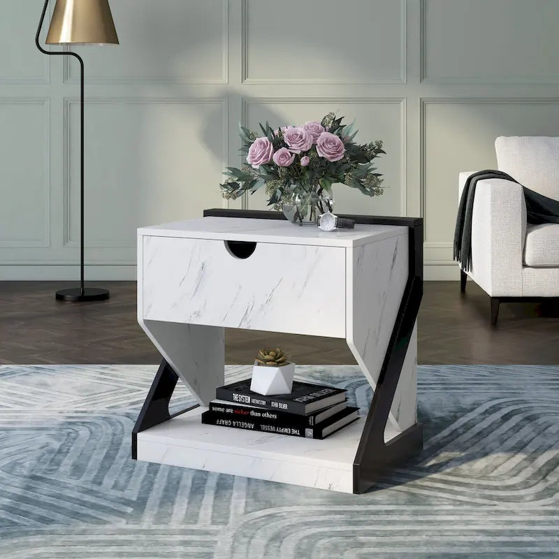 Table de chevet à 1 tiroir en faux marbre blanc moderne DH BASIC par Denhour