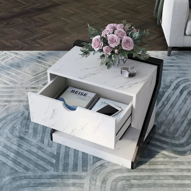 Table de chevet à 1 tiroir en faux marbre blanc moderne DH BASIC par Denhour