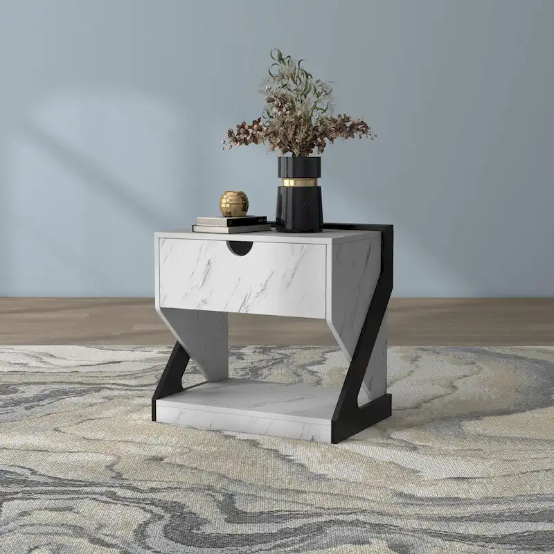 Table de chevet à 1 tiroir en faux marbre blanc moderne DH BASIC par Denhour