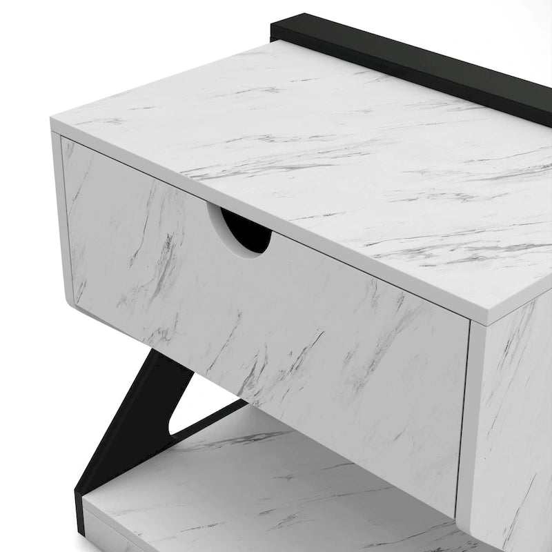 Table de chevet à 1 tiroir en faux marbre blanc moderne DH BASIC par Denhour