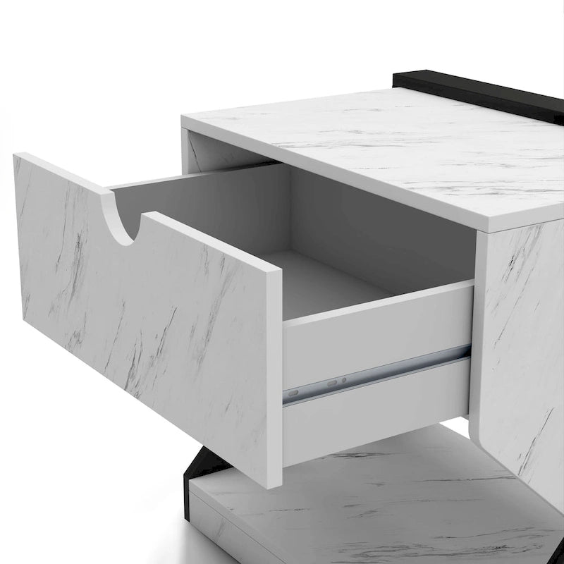 Table de chevet à 1 tiroir en faux marbre blanc moderne DH BASIC par Denhour
