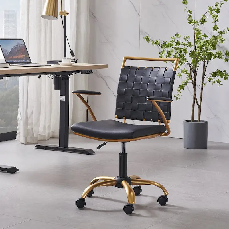 Chaise de bureau pivotante à dossier mi-haut en cuir doré LUXMOD pour ordinateur