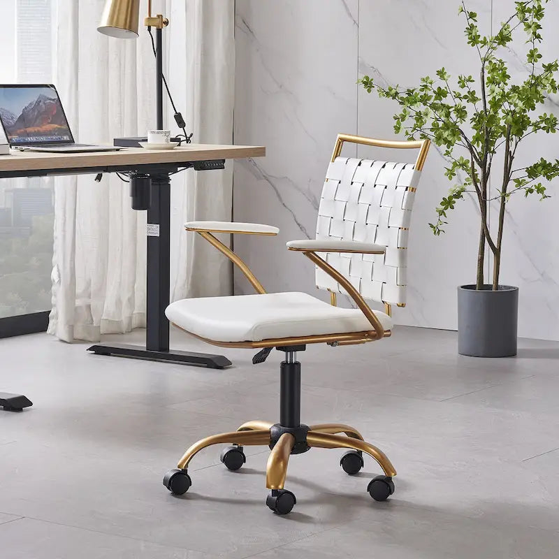 Chaise de bureau pivotante à dossier mi-haut en cuir doré LUXMOD pour ordinateur
