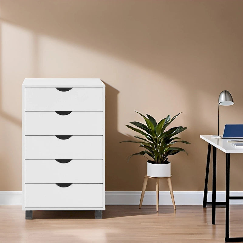 Meuble de rangement en bois portable à 5 tiroirs avec roulettes à 360°, design coulissant facile et rangement supérieur supplémentaire