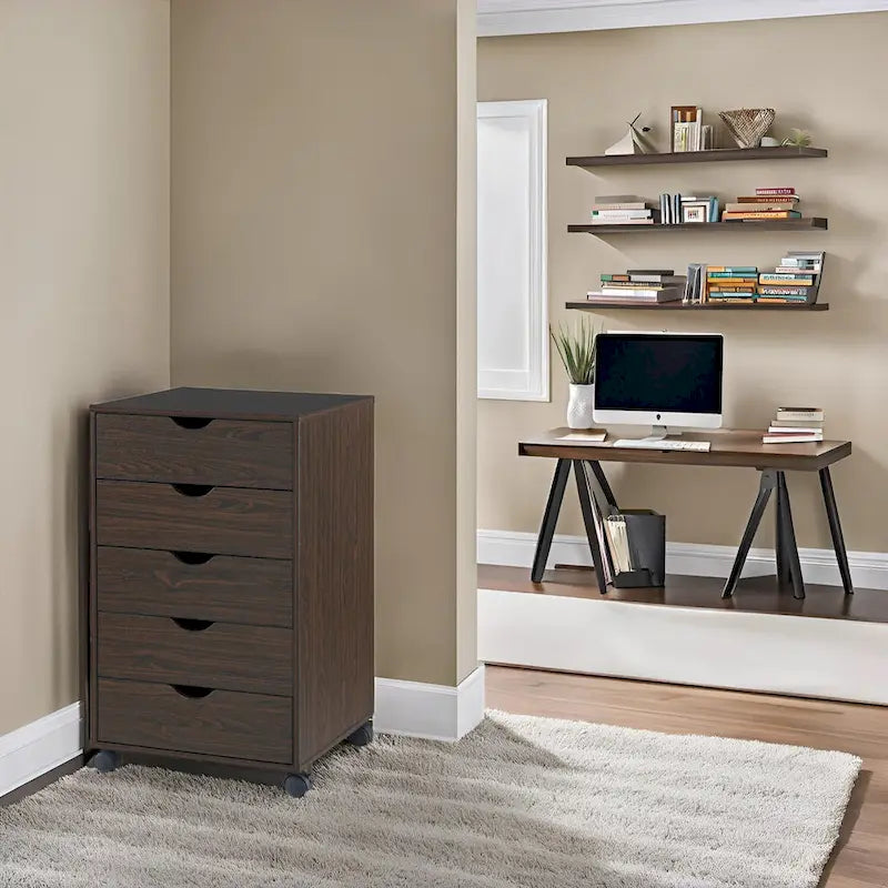 Meuble de rangement en bois portable à 5 tiroirs avec roulettes à 360°, design coulissant facile et rangement supérieur supplémentaire