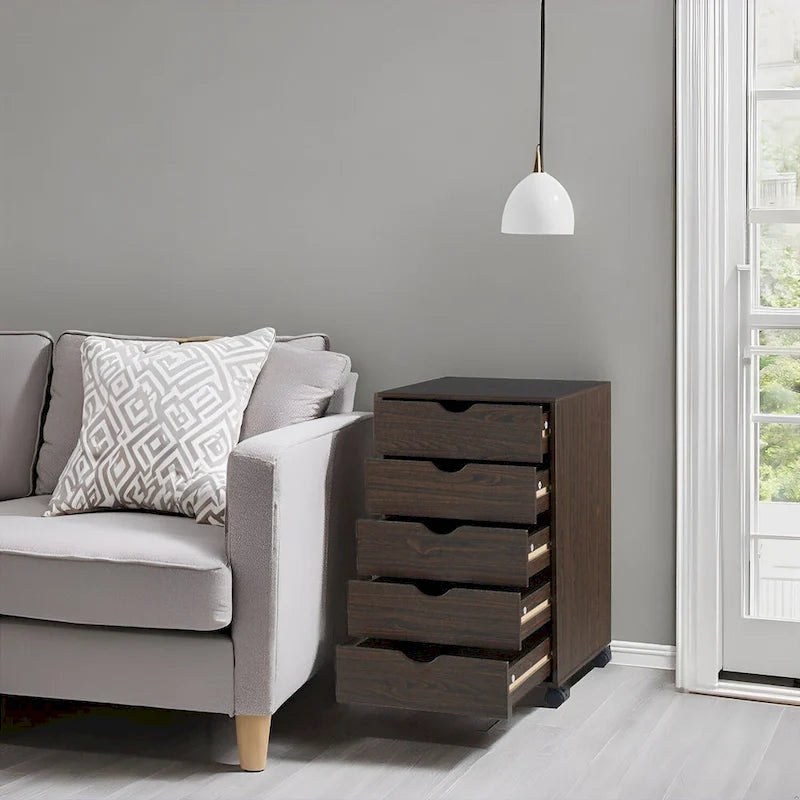 Meuble de rangement en bois portable à 5 tiroirs avec roulettes à 360°, design coulissant facile et rangement supérieur supplémentaire