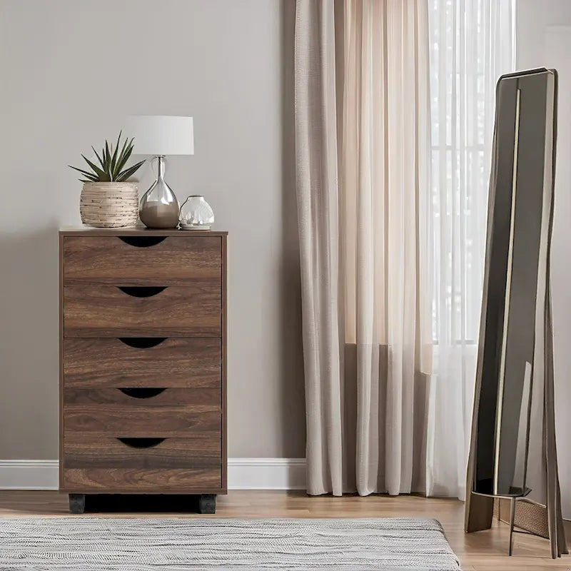 Meuble de rangement en bois portable à 5 tiroirs avec roulettes à 360°, design coulissant facile et rangement supérieur supplémentaire