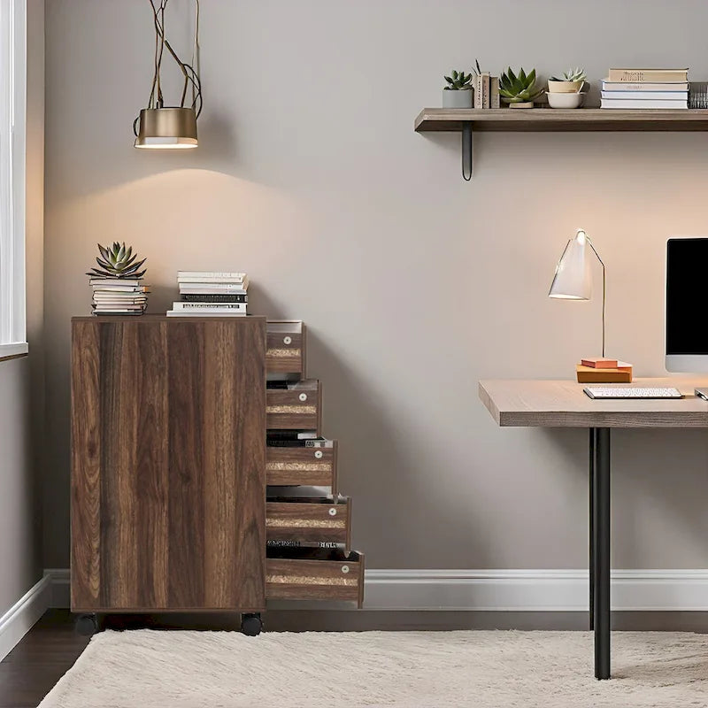 Meuble de rangement en bois portable à 5 tiroirs avec roulettes à 360°, design coulissant facile et rangement supérieur supplémentaire