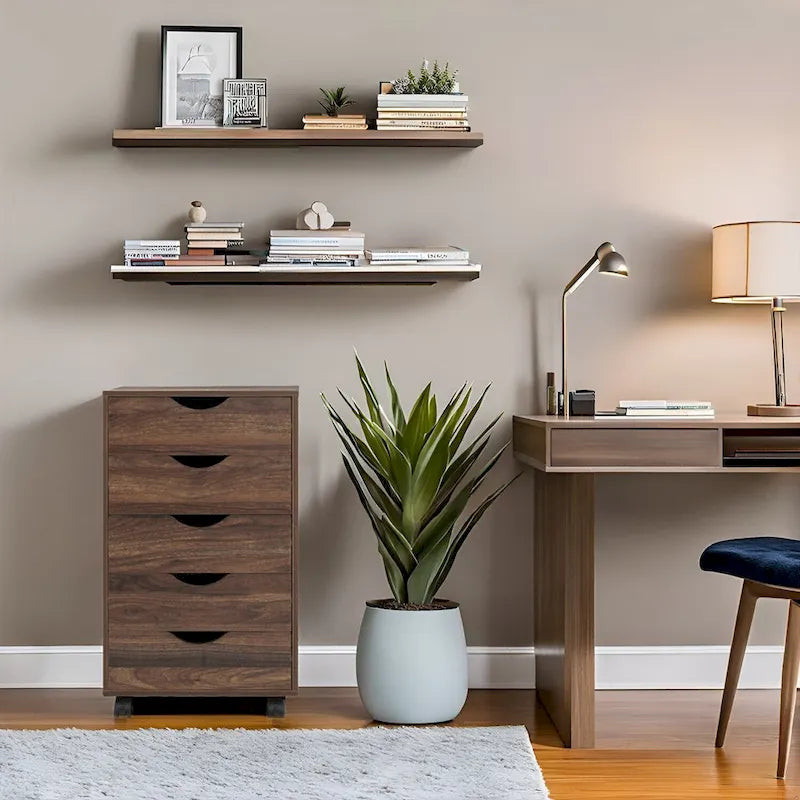 Meuble de rangement en bois portable à 5 tiroirs avec roulettes à 360°, design coulissant facile et rangement supérieur supplémentaire