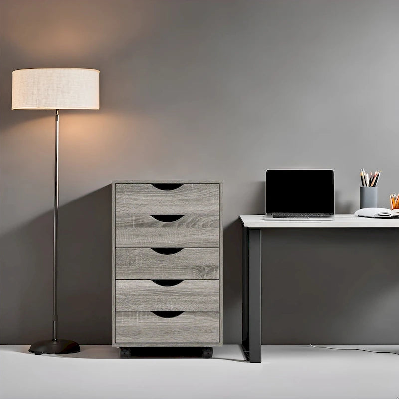 Meuble de rangement en bois portable à 5 tiroirs avec roulettes à 360°, design coulissant facile et rangement supérieur supplémentaire