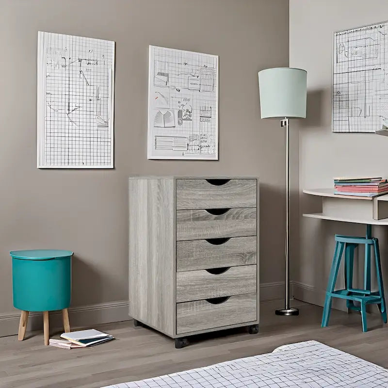 Meuble de rangement en bois portable à 5 tiroirs avec roulettes à 360°, design coulissant facile et rangement supérieur supplémentaire