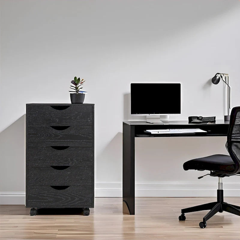 Meuble de rangement en bois portable à 5 tiroirs avec roulettes à 360°, design coulissant facile et rangement supérieur supplémentaire