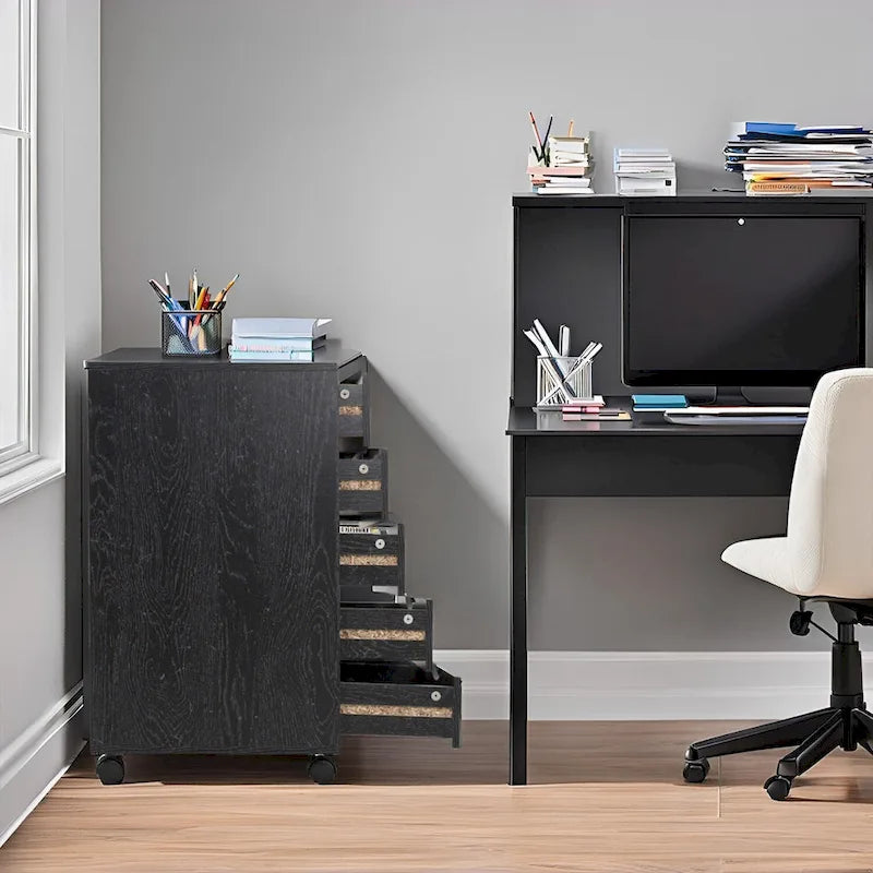 Meuble de rangement en bois portable à 5 tiroirs avec roulettes à 360°, design coulissant facile et rangement supérieur supplémentaire