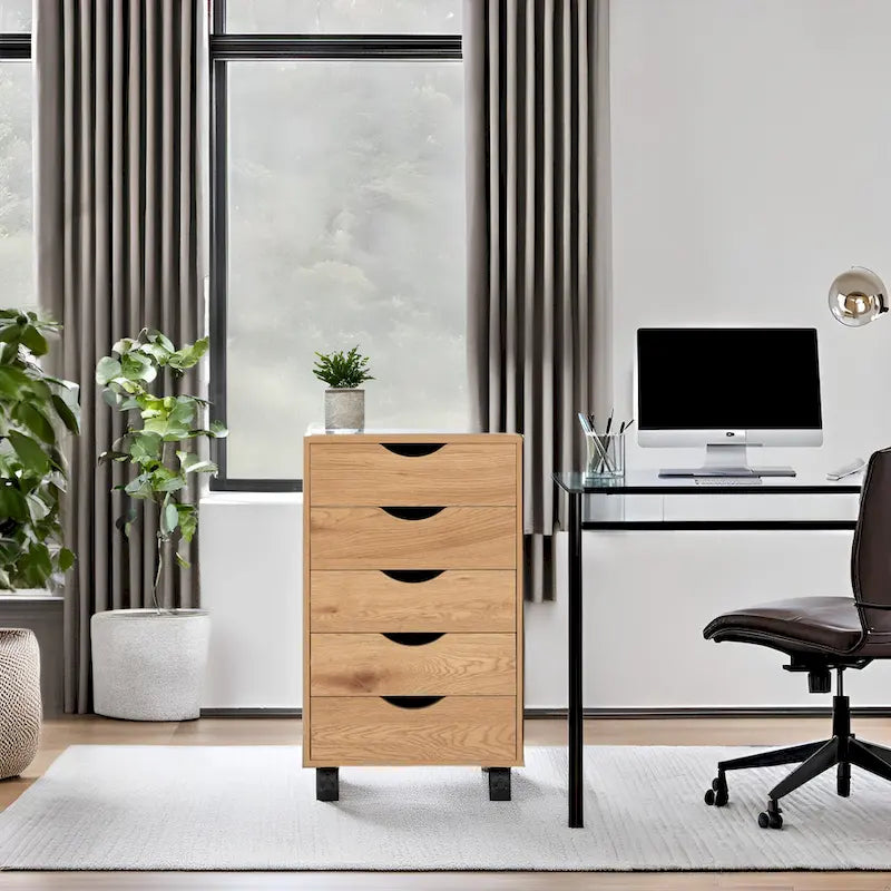 Meuble de rangement en bois portable à 5 tiroirs avec roulettes à 360°, design coulissant facile et rangement supérieur supplémentaire