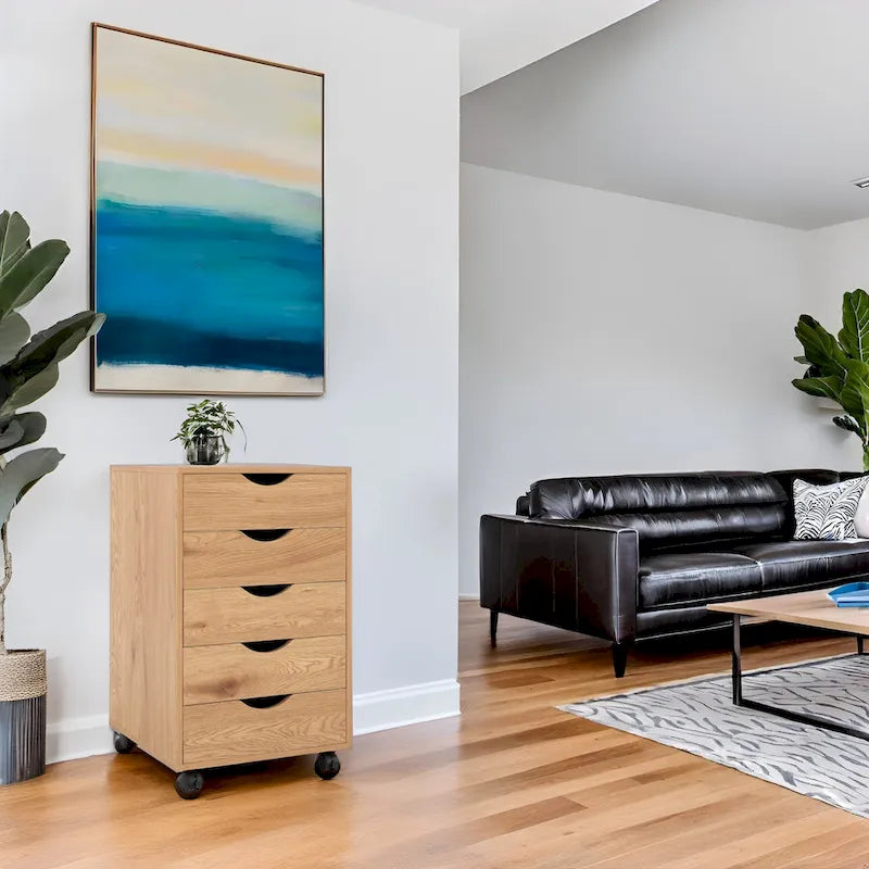 Meuble de rangement en bois portable à 5 tiroirs avec roulettes à 360°, design coulissant facile et rangement supérieur supplémentaire