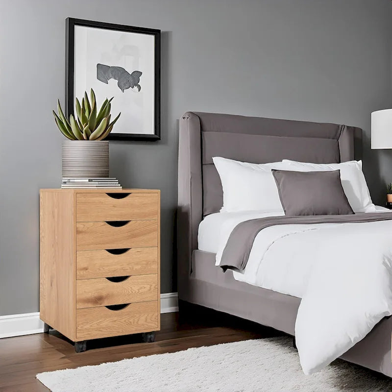 Meuble de rangement en bois portable à 5 tiroirs avec roulettes à 360°, design coulissant facile et rangement supérieur supplémentaire