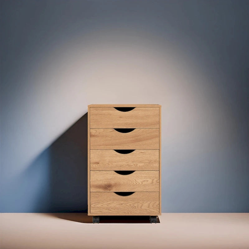 Meuble de rangement en bois portable à 5 tiroirs avec roulettes à 360°, design coulissant facile et rangement supérieur supplémentaire