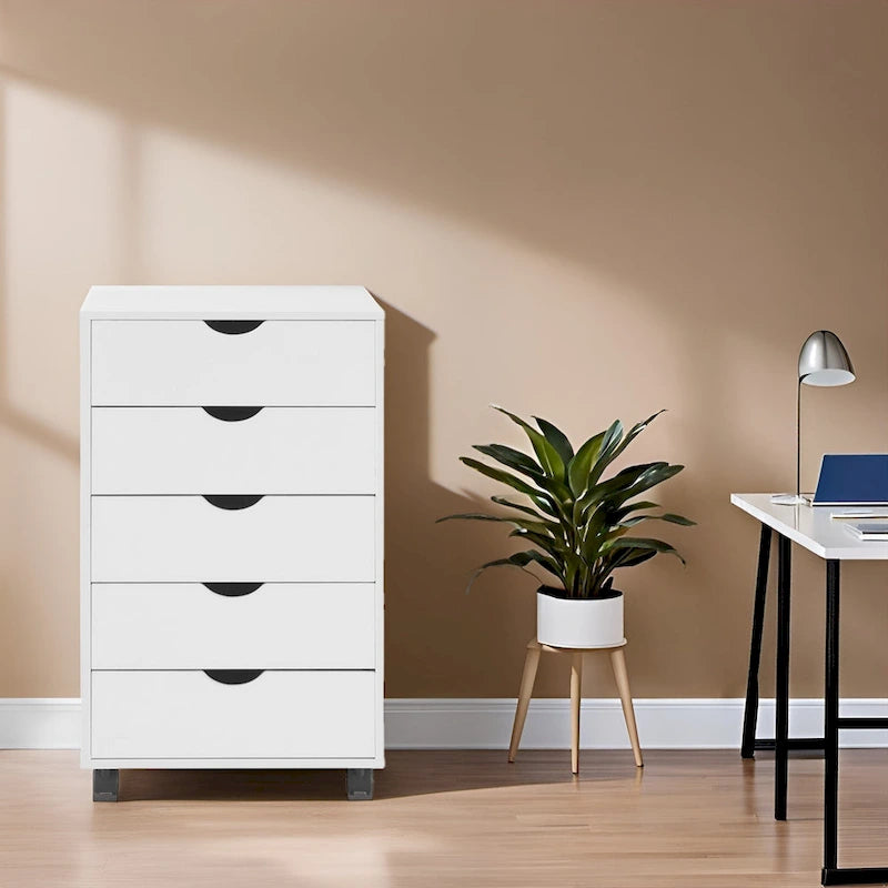 Meuble de rangement en bois portable à 5 tiroirs avec roulettes à 360°, design coulissant facile et rangement supérieur supplémentaire