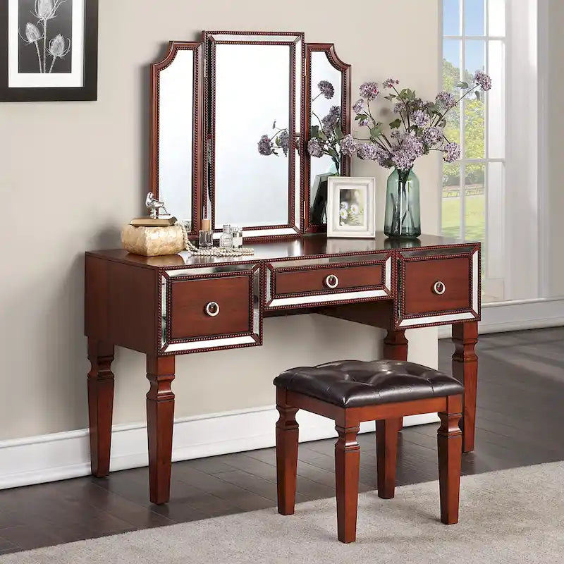 Ensemble coiffeuse avec tabouret en tissu et bois