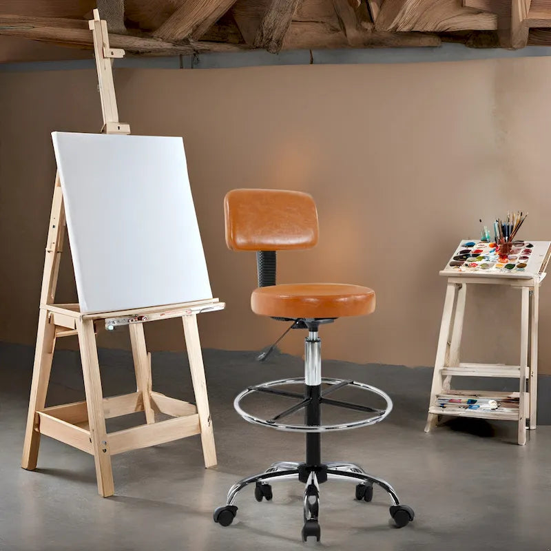 Tabouret de travail roulant réglable avec siège en similicuir et repose-pieds pliable, tabouret polyvalent pour bureau à domicile, coiffeuse,