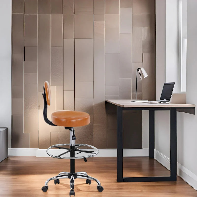 Tabouret de travail roulant réglable avec siège en similicuir et repose-pieds pliable, tabouret polyvalent pour bureau à domicile, coiffeuse,