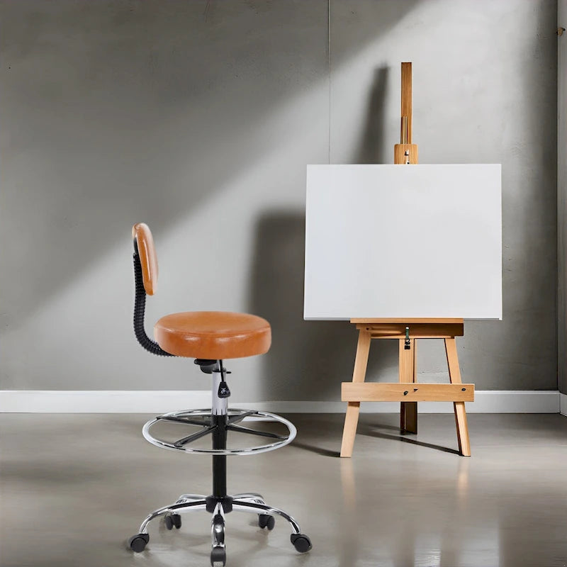 Tabouret de travail roulant réglable avec siège en similicuir et repose-pieds pliable, tabouret polyvalent pour bureau à domicile, coiffeuse,