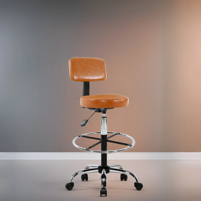 Tabouret de travail roulant réglable avec siège en similicuir et repose-pieds pliable, tabouret polyvalent pour bureau à domicile, coiffeuse,