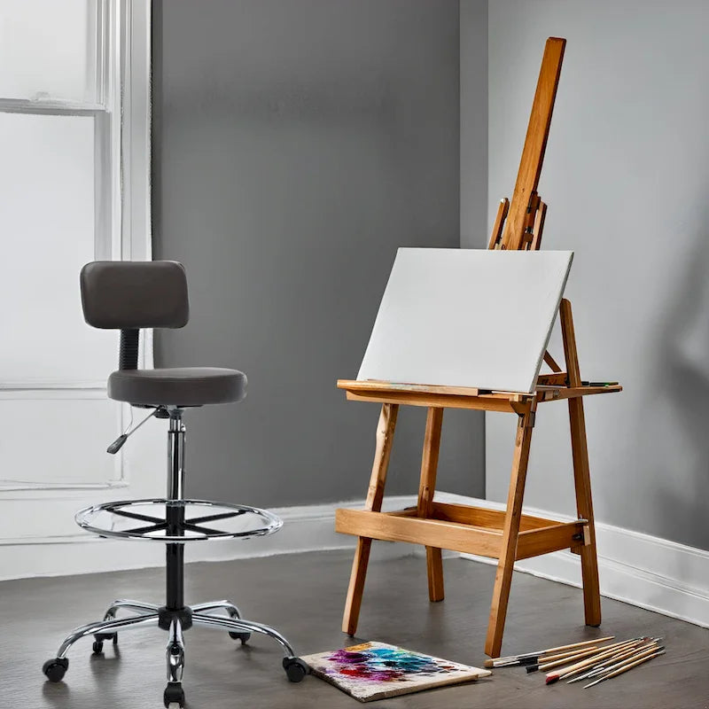 Tabouret de travail roulant réglable avec siège en similicuir et repose-pieds pliable, tabouret polyvalent pour bureau à domicile, coiffeuse,