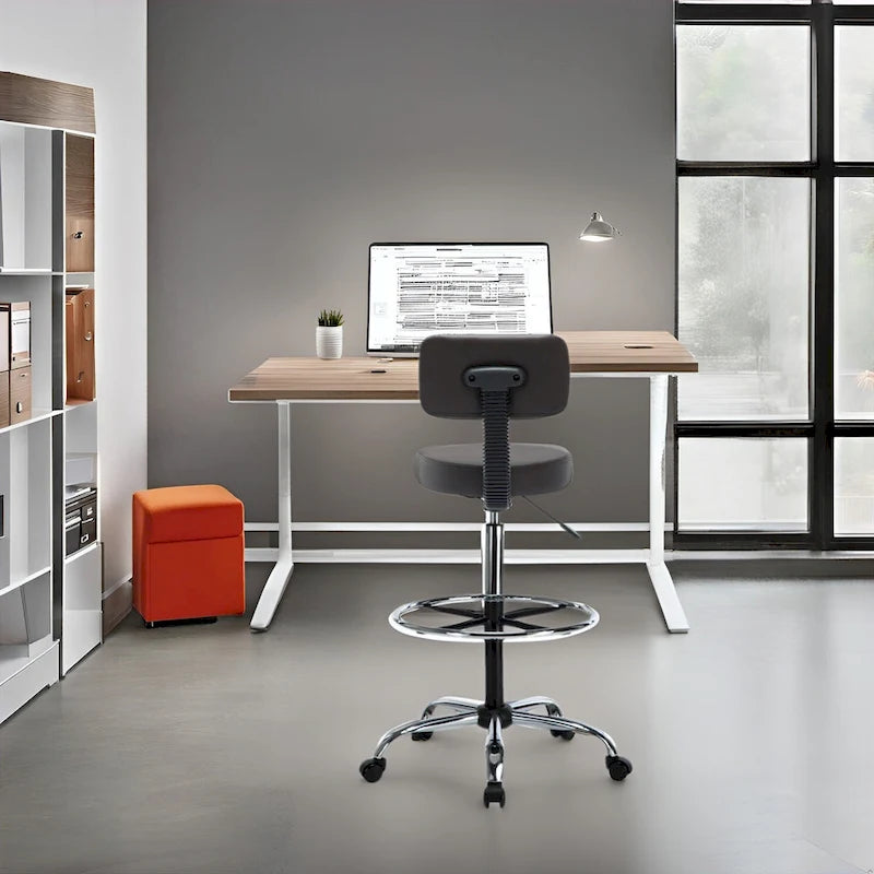 Tabouret de travail roulant réglable avec siège en similicuir et repose-pieds pliable, tabouret polyvalent pour bureau à domicile, coiffeuse,