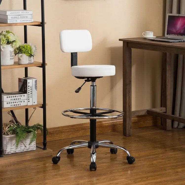 Tabouret de travail roulant réglable avec siège en similicuir et repose-pieds pliable, tabouret polyvalent pour bureau à domicile, coiffeuse,