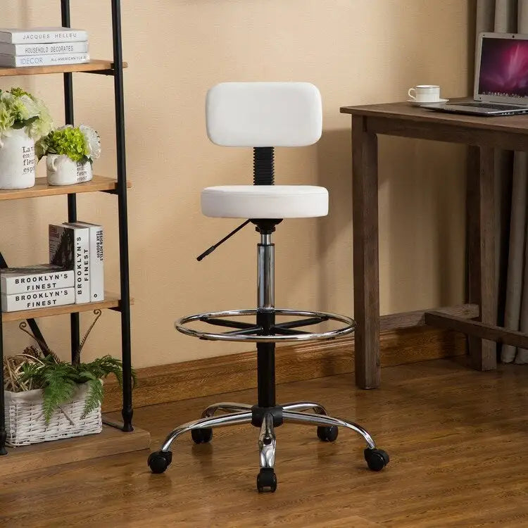 Tabouret de travail roulant réglable avec siège en similicuir et repose-pieds pliable, tabouret polyvalent pour bureau à domicile, coiffeuse,