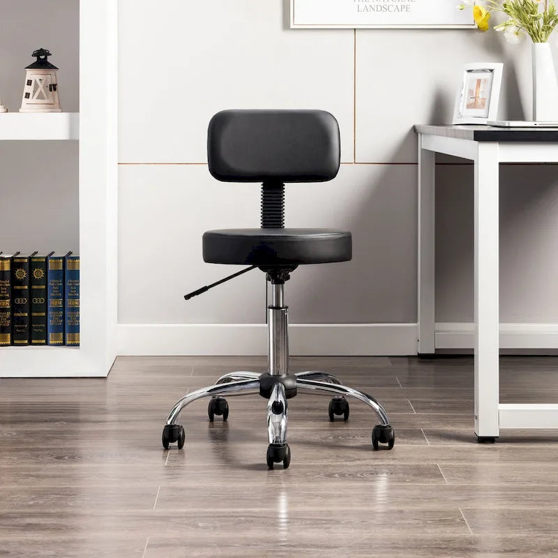 Tabouret de travail roulant réglable avec siège en similicuir et repose-pieds pliable, tabouret polyvalent pour bureau à domicile, coiffeuse,