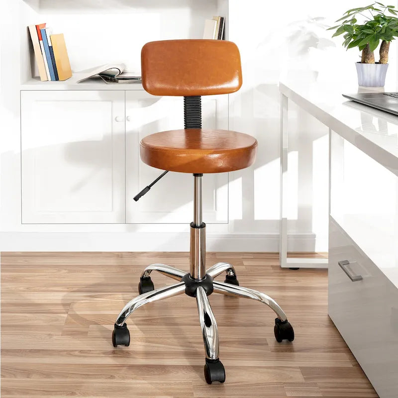 Tabouret de travail roulant réglable avec siège en similicuir et repose-pieds pliable, tabouret polyvalent pour bureau à domicile, coiffeuse,