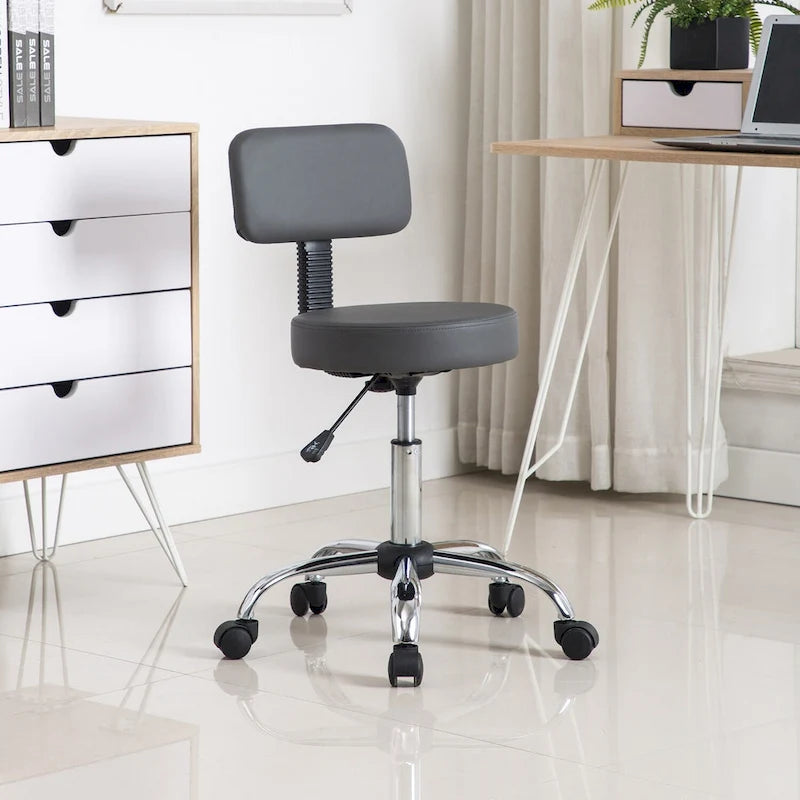 Tabouret de travail roulant réglable avec siège en similicuir et repose-pieds pliable, tabouret polyvalent pour bureau à domicile, coiffeuse,