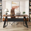 Grand bureau de direction de 160 cm avec étagère de rangement pour bureau à domicile, marron rustique et noir