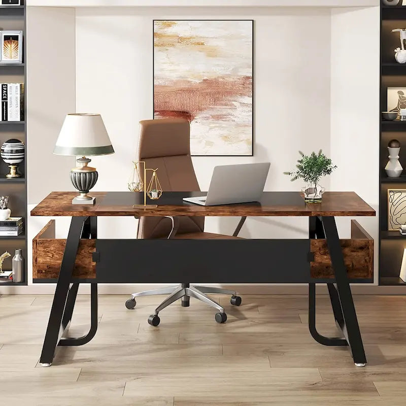 Grand bureau de direction de 160 cm avec étagère de rangement pour bureau à domicile, marron rustique et noir