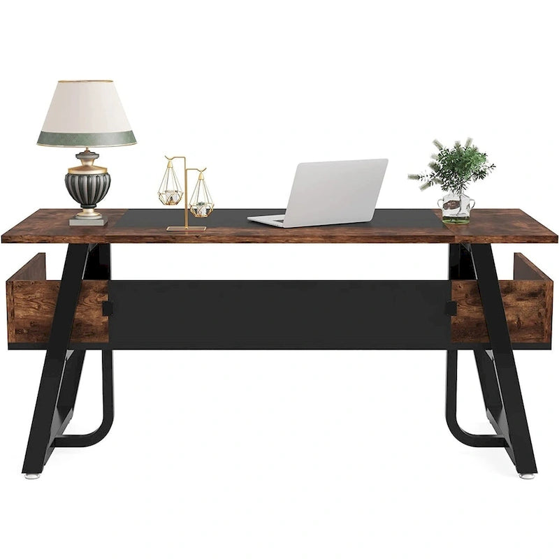 Grand bureau de direction de 160 cm avec étagère de rangement pour bureau à domicile, marron rustique et noir