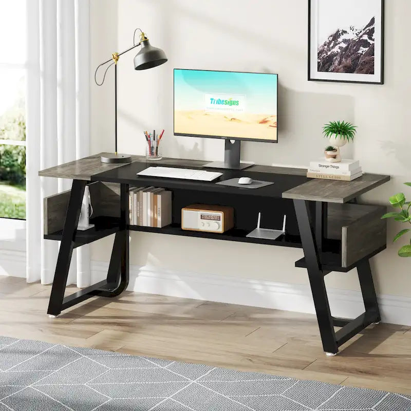 Grand bureau de direction de 160 cm avec étagère de rangement pour bureau à domicile, marron rustique et noir
