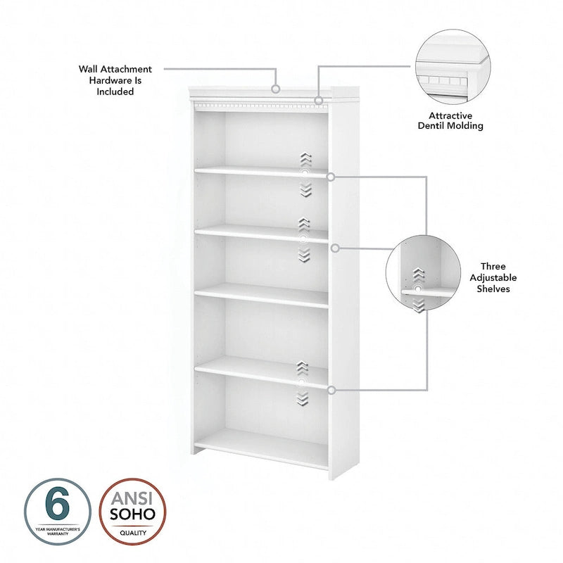Bibliothèque à 5 étagères Fairview Blanc antique - Antique - 29.57L x 12.09W x 68.94H