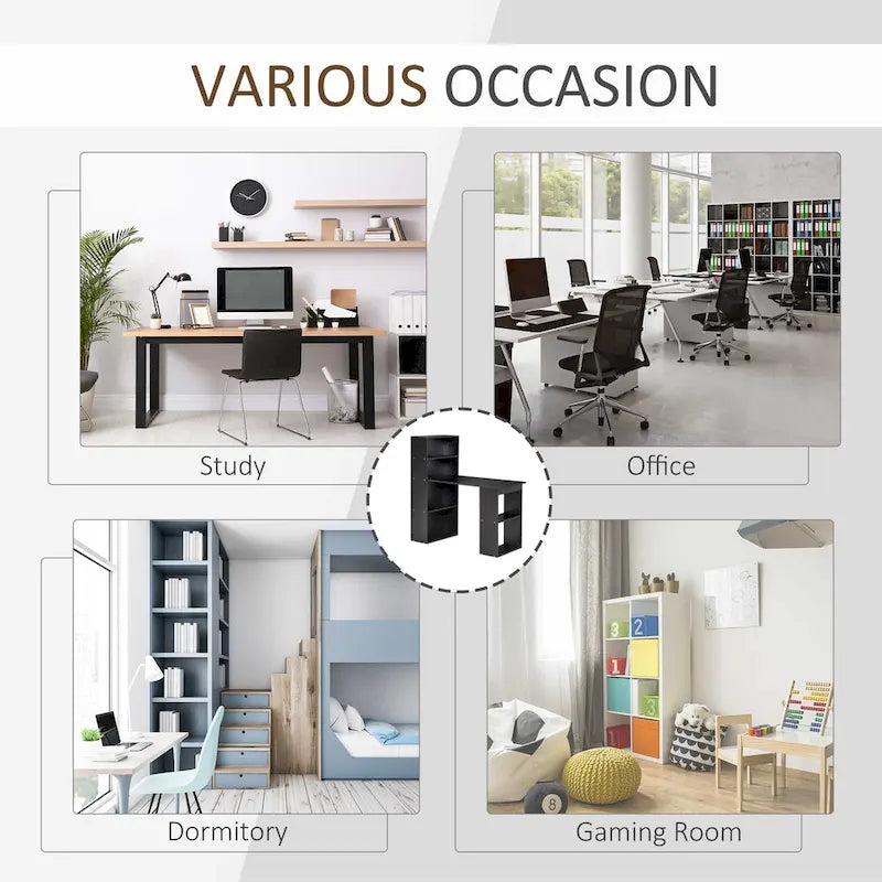 HOMCOM Bureau informatique compact et moderne avec étagères de rangement à 6 niveaux, table d'écriture avec bibliothèque pour le bureau à domicile