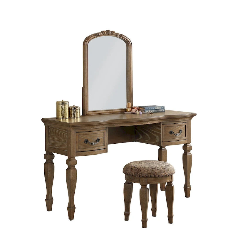 Ensemble de coiffeuse en bois d'hévéa avec tabouret