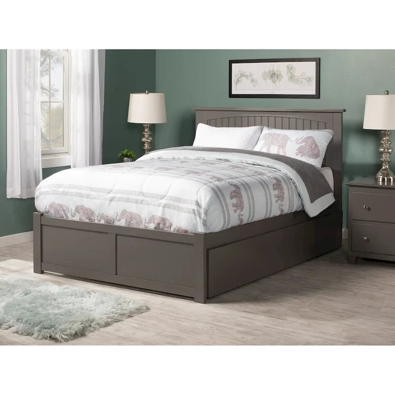 Lit plateforme complet Nantucket avec pied de lit et 2 tiroirs de rangement gris