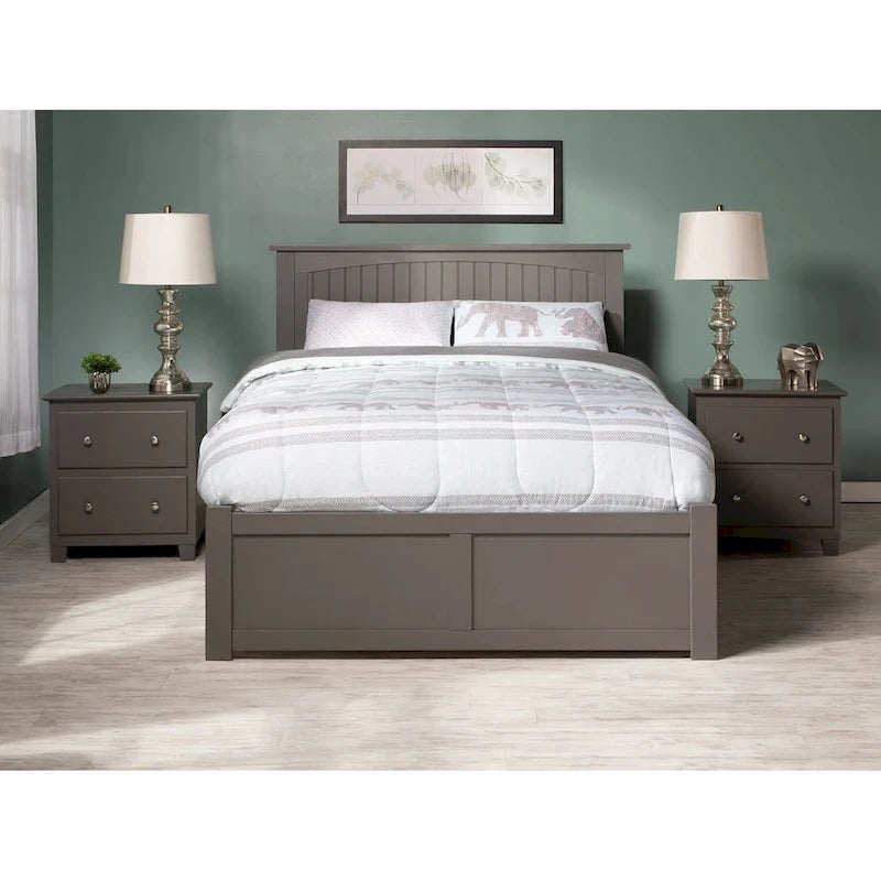 Lit plateforme complet Nantucket avec pied de lit et 2 tiroirs de rangement gris