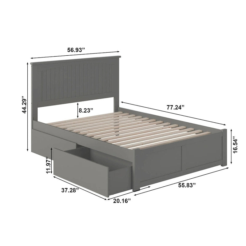 Lit plateforme complet Nantucket avec pied de lit et 2 tiroirs de rangement gris